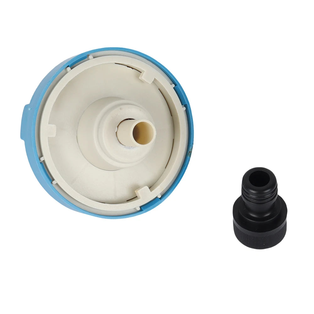 Adaptador de plástico azul y blanco para botella, con conector negro para camping