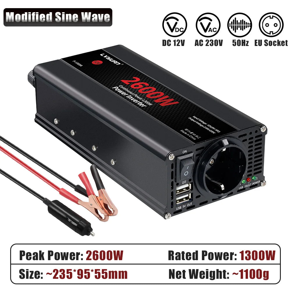 Inversor de Corriente 12V a 220V Onda Modificada | 1500W–4000W | Enchufe EU | Para RV y Camper