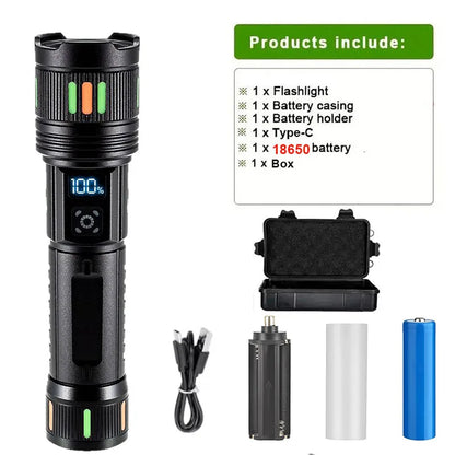 Lampe torche LED rechargeable USB-C - Zoom réglable + Affichage numérique (3 modes) pour le camping