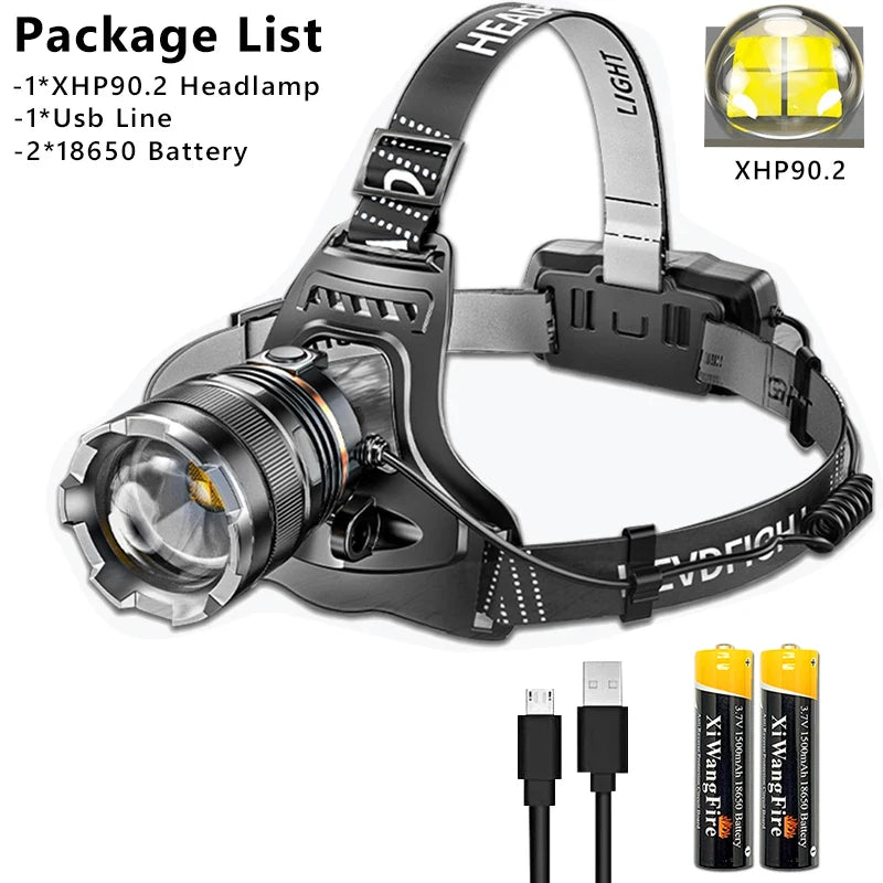 Lampe frontale LED 50W XHP90 - Lumière 360° + 3 Modes + Étanche