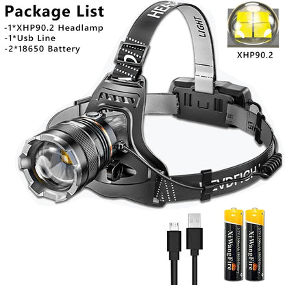 Lampe frontale LED 50W XHP90 - Lumière 360° + 3 Modes + Étanche