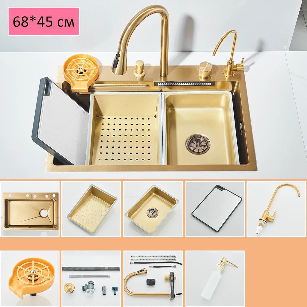 Évier de cuisine haut de gamme avec robinet cascade et accessoires intégrés 