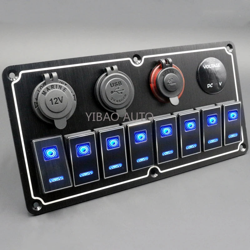 Panel de Interruptores de Aluminio 12V / 24V con USB y LED Azul