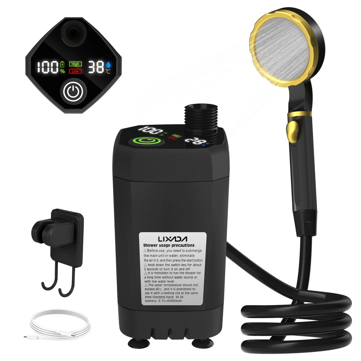 Douche électrique 6000mAh - Écran numérique + Charge rapide + Mode Eco (Camping/VR)