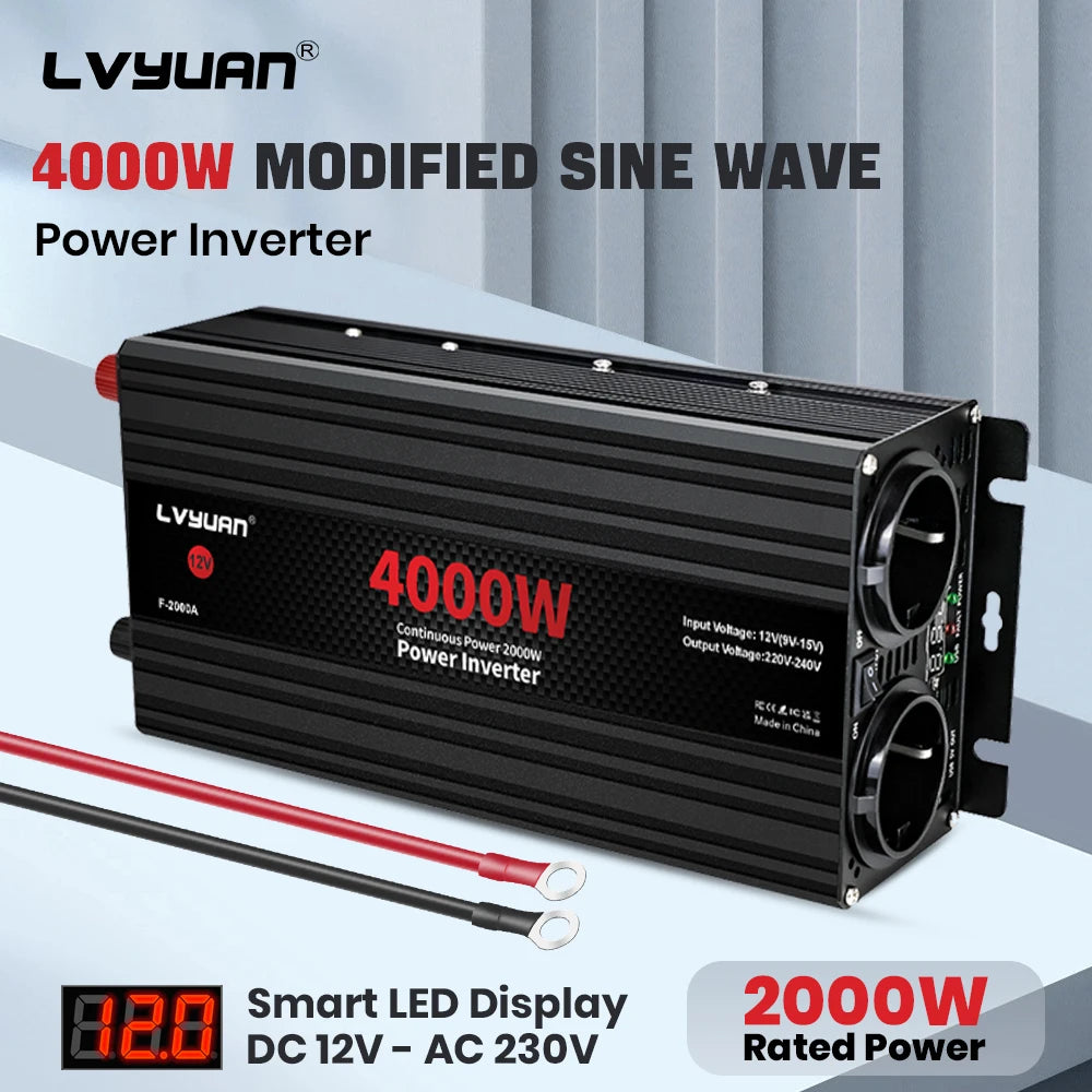 Inversor de Corriente 12V a 220V Onda Modificada | 1500W–4000W | Enchufe EU | Para RV y Camper