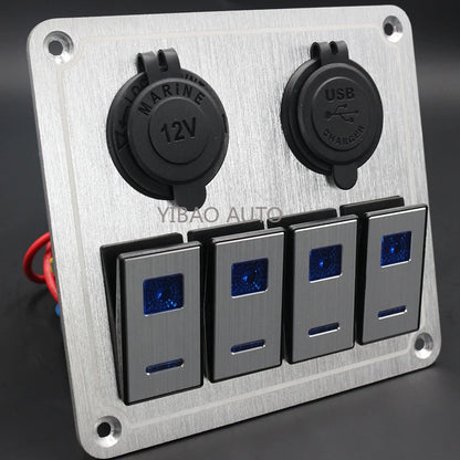 Panel de Interruptores de Aluminio 12V / 24V con USB y LED Azul