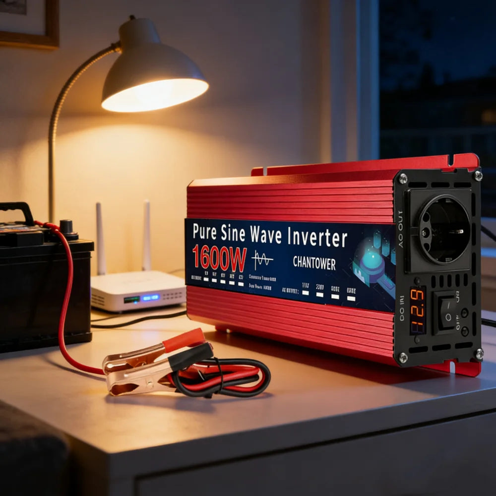 Inversor de Corriente Onda Pura 12V/24V a 110V–220V | 800W–1500W Continuos con Pantalla LCD para RV y Camper