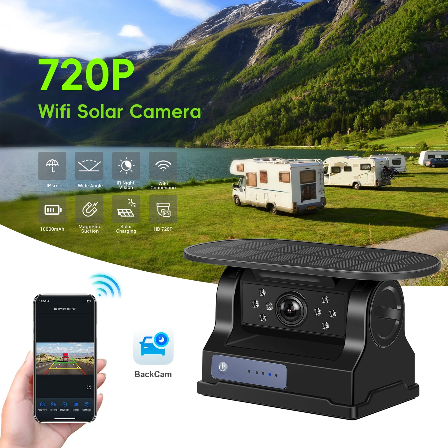 Universal - Cámara WiFi Solar 720P - Visión Nocturna + Magnética Impermeable para RV