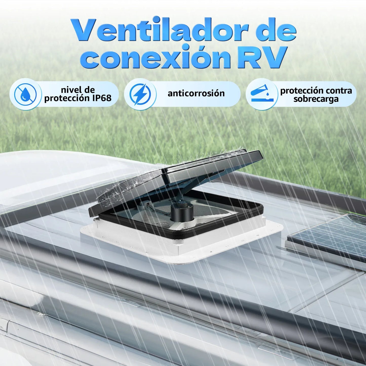 Ventilateur de plafond de camping-car 12V avec LED - 6 vitesses + double flux IP68 (28x28cm)