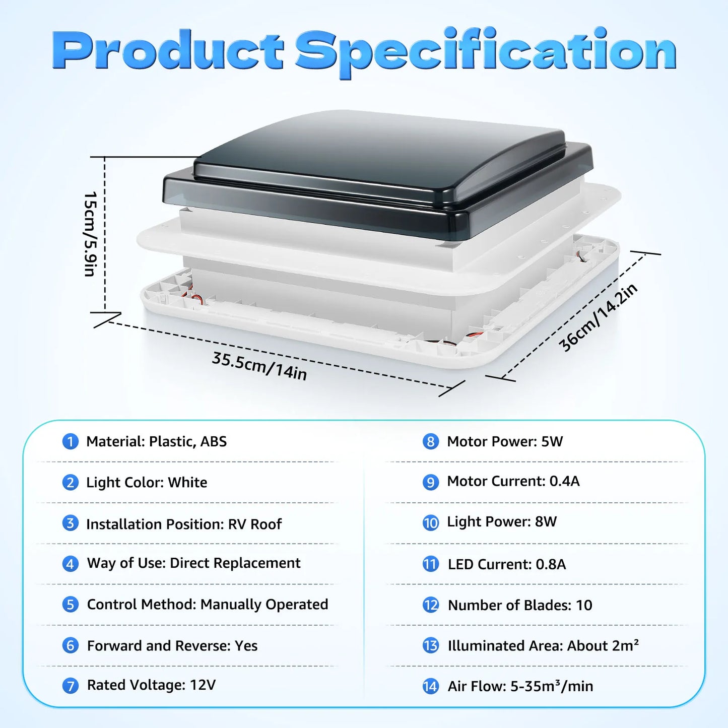 Claraboya de Techo 28×28 cm para RV y Camper – Ventilador Manual 12V con Luz LED IP68