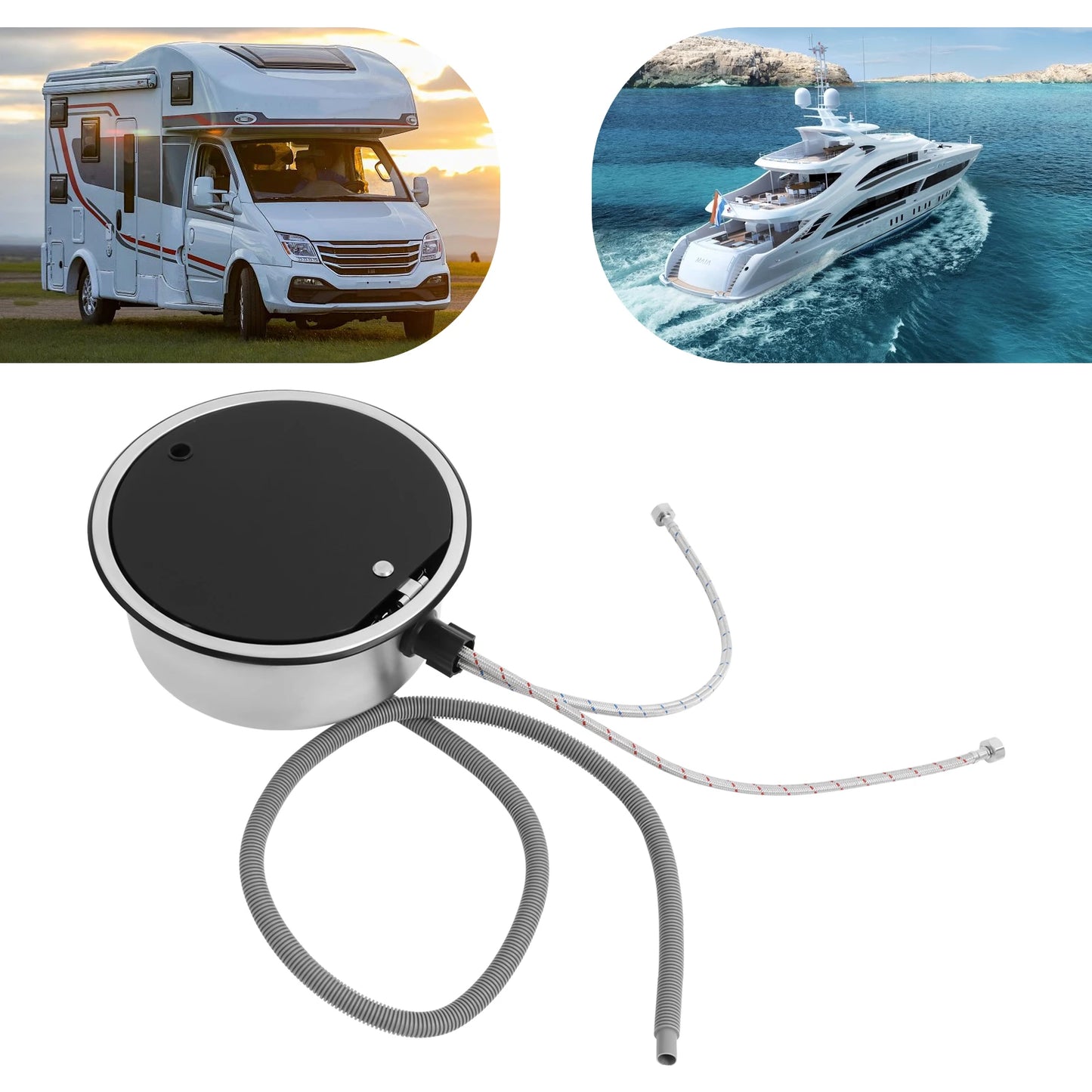 Évier de cuisine en acier inoxydable 340×340 mm avec robinet pliable – Idéal pour les camping-cars et les petits espaces 