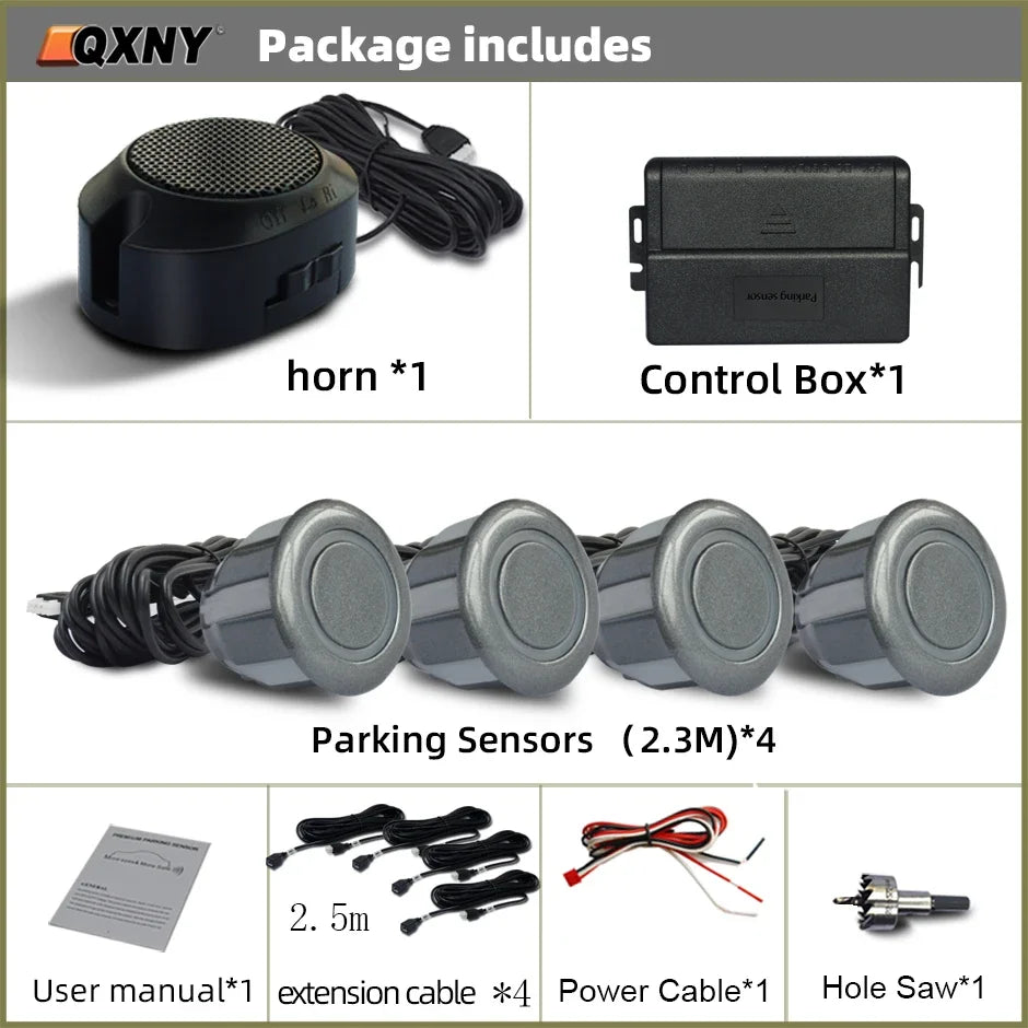 Sensor de Aparcamiento Delantero Invisible QXNY – Radar Ultrasónico con Alarma Sonora, Detección 0,3–1 m, 12V