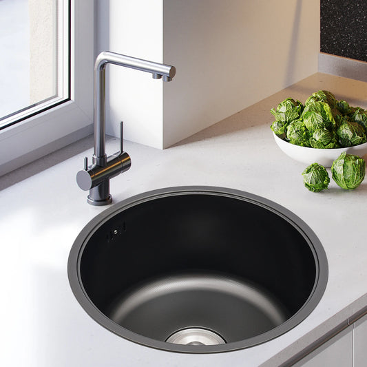 Fregadero Redondo Negro de Acero Inoxidable – Cubeta Única 40×20 cm para Cocina