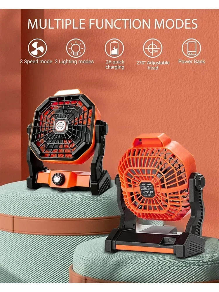 Ventilador LED Recargable para Camping | Batería 7800mAh, 3 Velocidades, Gancho Integrado