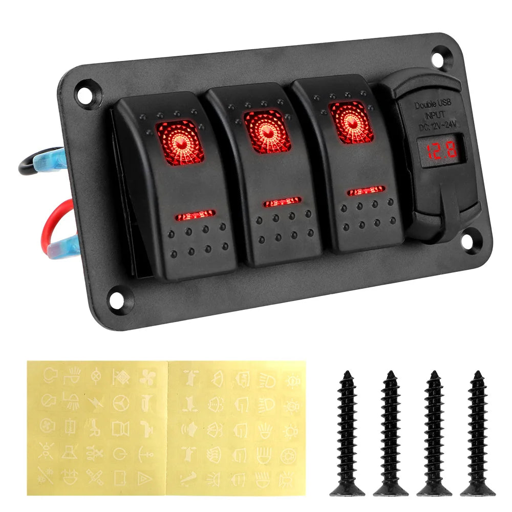 Panel de Interruptores LED 12V/24V – 3 Vías con Voltímetro y USB