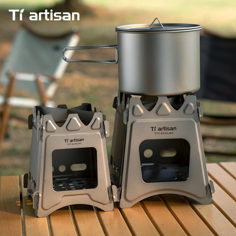 Hornillo Titanio Plegable - Ultraligero + Leña para Camping y Senderismo