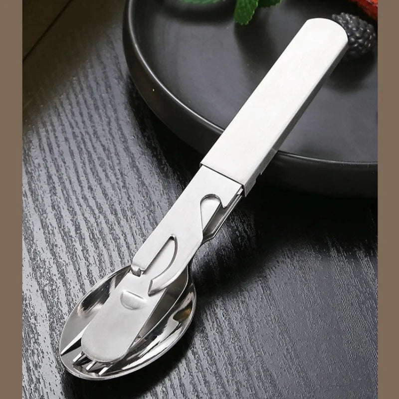 Cubiertos Acero Inox Plegables - Set 4-en-1 + Abrelatas (Camping/RV)