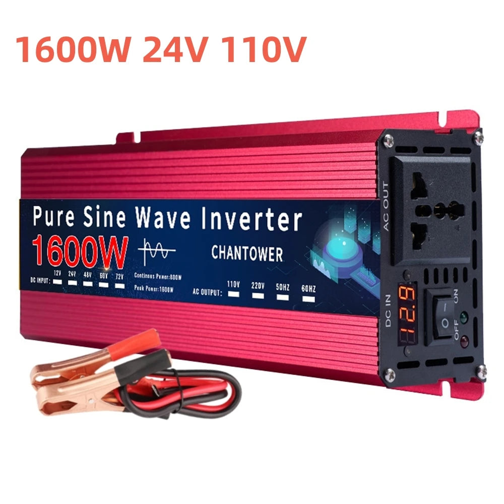 Inversor de Corriente Onda Pura 12V/24V a 110V–220V | 800W–1500W Continuos con Pantalla LCD para RV y Camper