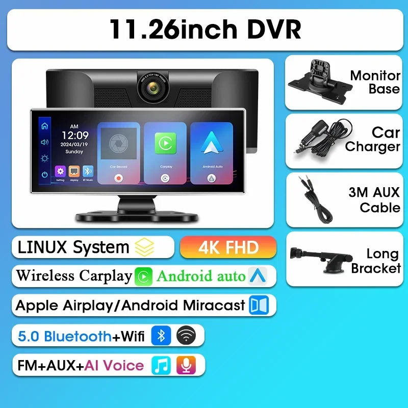 Dashcam 4K con Pantalla 11.26" + CarPlay/Android Auto - Srnubi