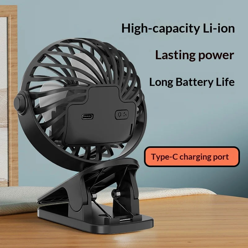 USB Clip Fan 360° - 3 Speeds + Night Light for Camper (Rechargeable)