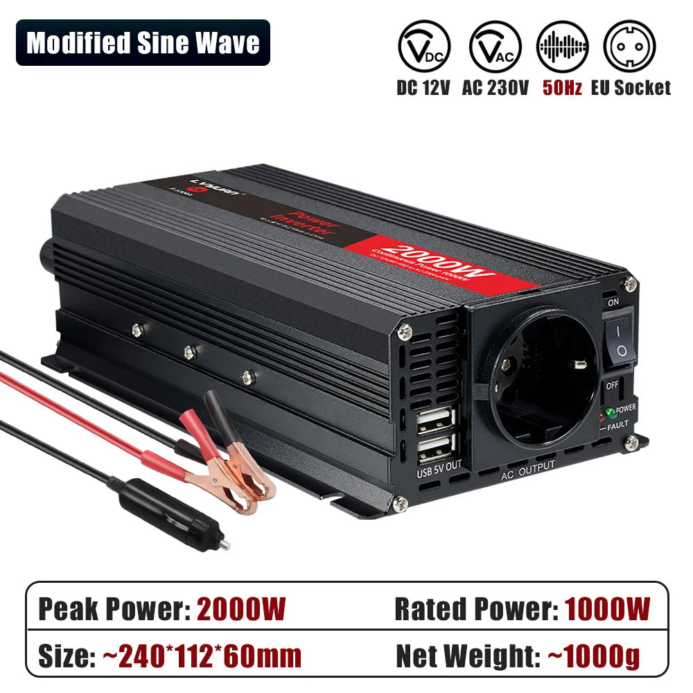 Inversor de Corriente 12V a 220V Onda Modificada con Pantalla LCD | 750W–1300W Continuos para RV, Camper y Vehículos