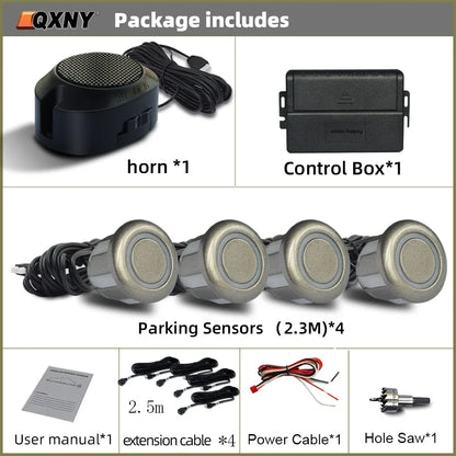 Sensor de Aparcamiento Delantero Invisible QXNY – Radar Ultrasónico con Alarma Sonora, Detección 0,3–1 m, 12V