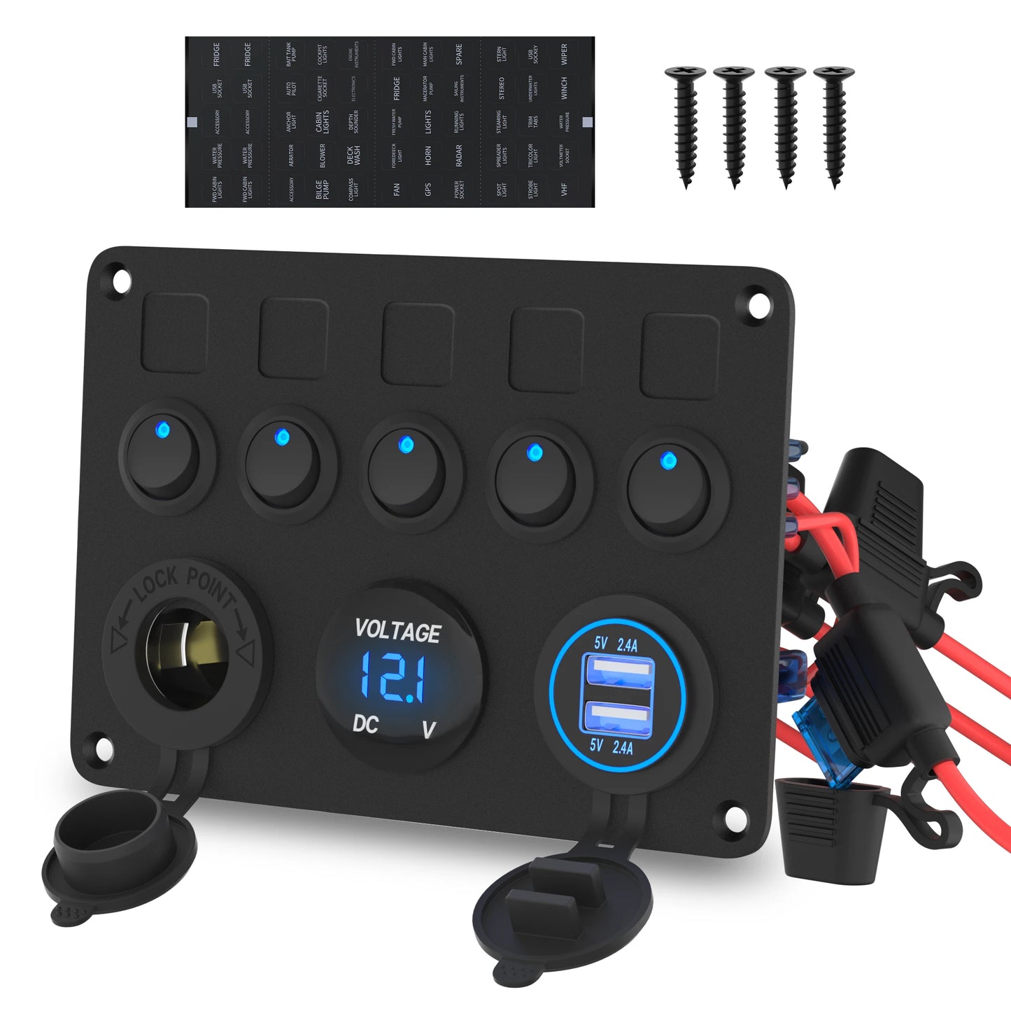 Panel de Interruptores 5 Gang de Aluminio 12V / 24V con USB y Voltímetro
