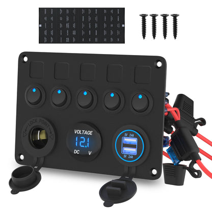 Panel de Interruptores 5 Gang de Aluminio 12V / 24V con USB y Voltímetro