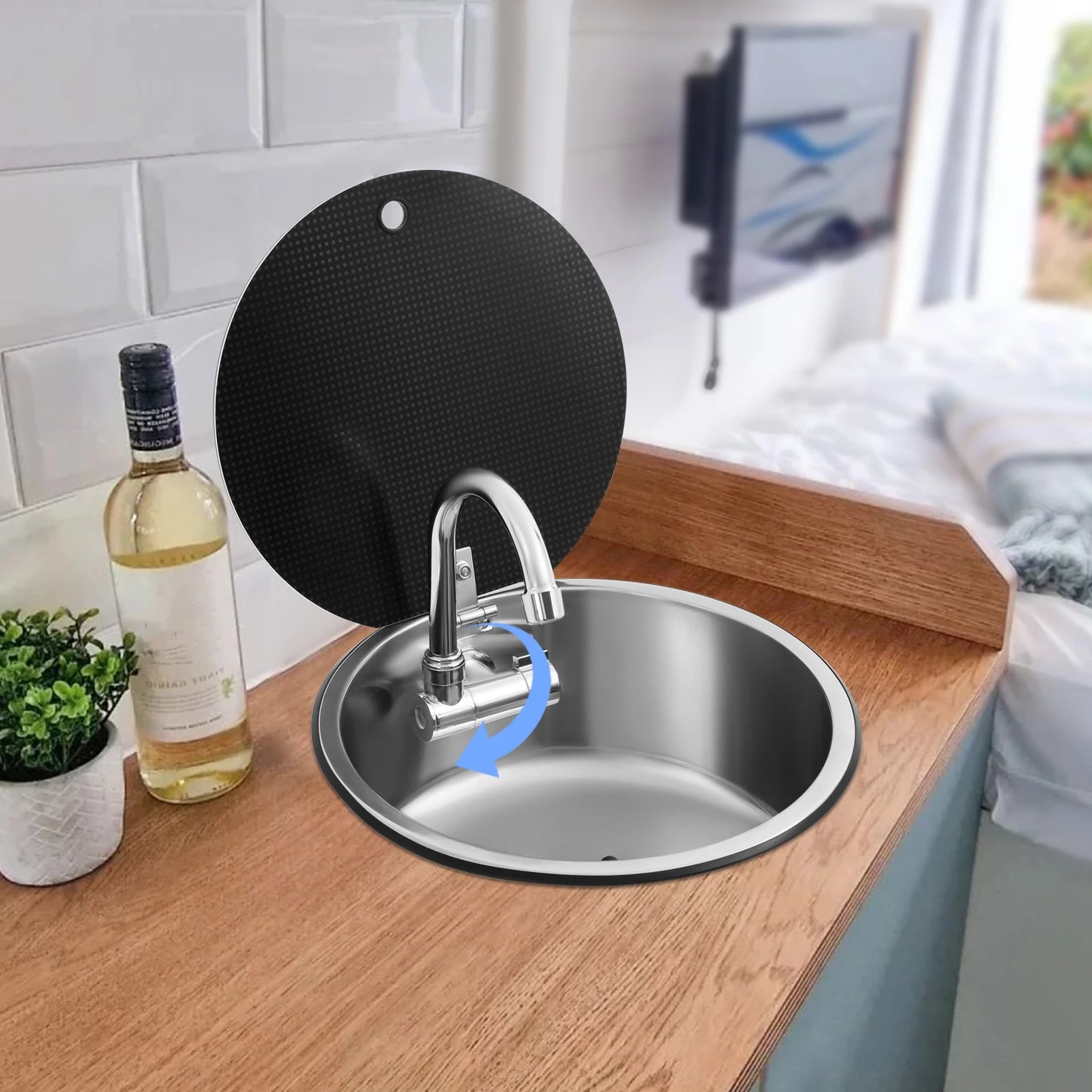 Évier de cuisine en acier inoxydable 340×340 mm avec robinet pliable – Idéal pour les camping-cars et les petits espaces 