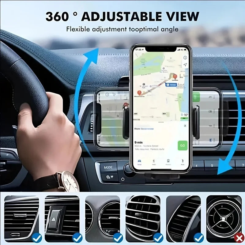 Soporte para celular en auto, ajustable 360 grados, montado en rejilla de ventilación.