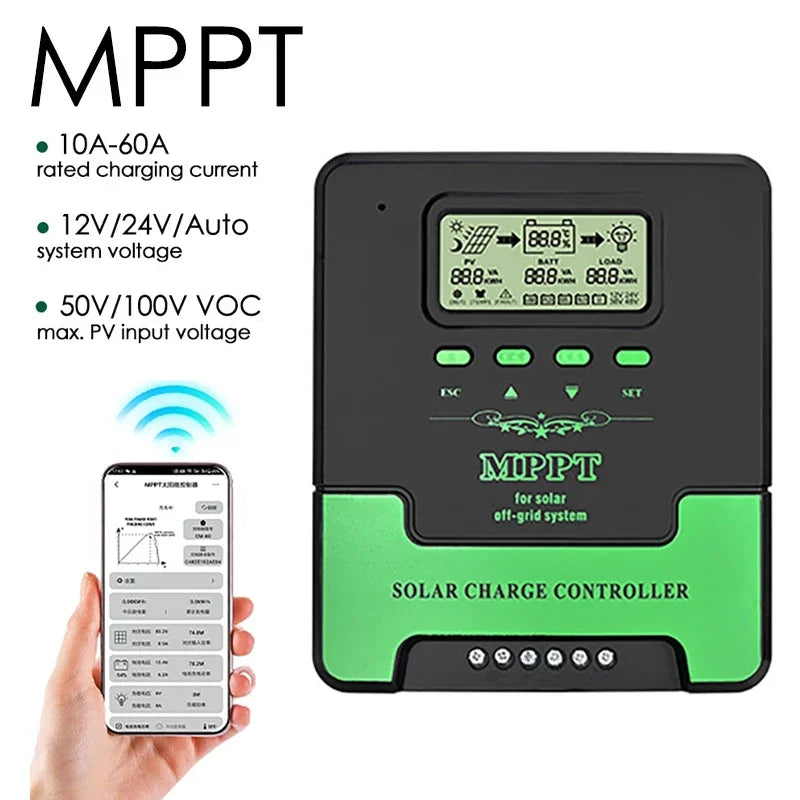 Régulateur solaire MPPT avec WiFi - Charge intelligente 12V/24V (30A-60A) + Double USB pour camping-car