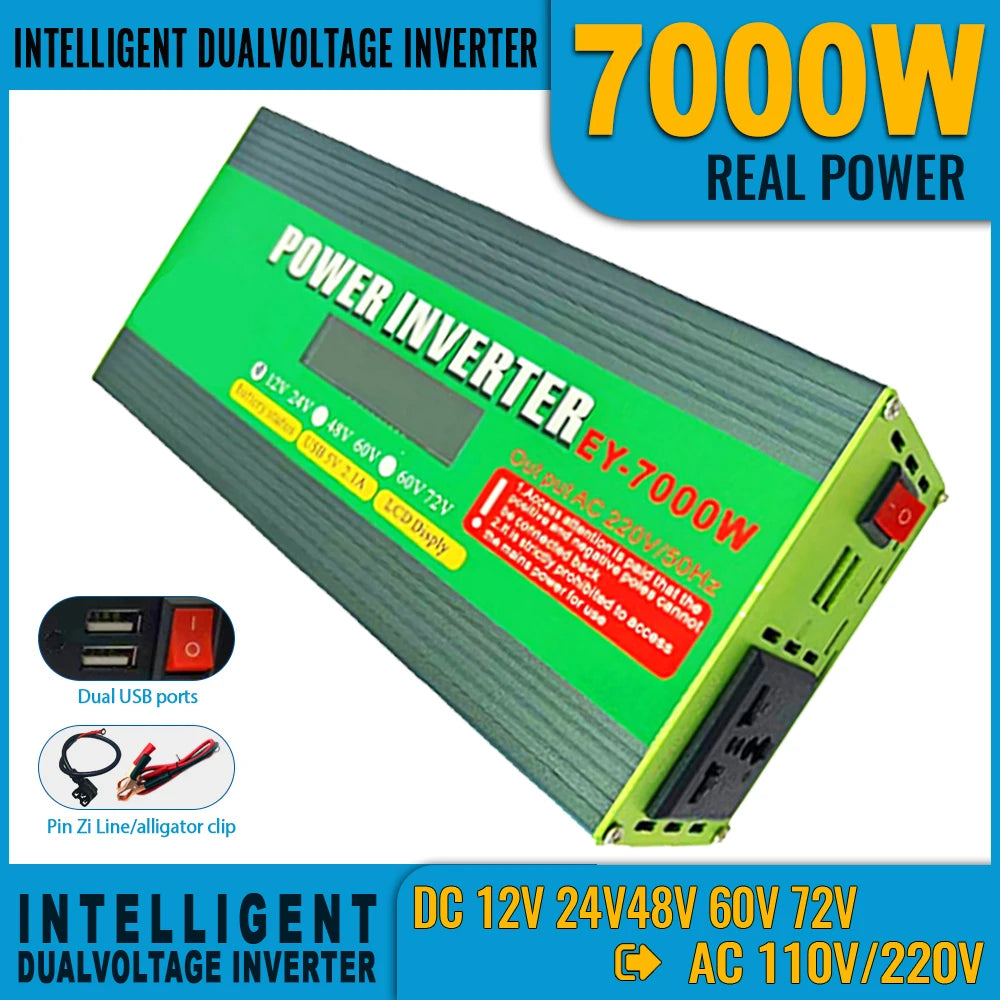 Inversor de Corriente 12V/24V/48V a 220V con Pantalla LCD | 1200W Continuos / 7000W Pico | Doble USB