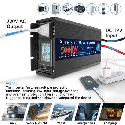 Inversor de Corriente Onda Pura 12V / 24V a 220V | 500W–2000W Continuos | Pantalla Inteligente para RV y Camper