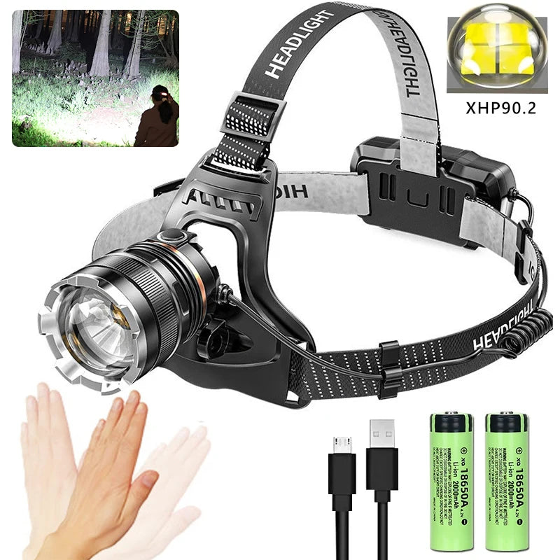 Lampe frontale LED 50W XHP90 - Lumière 360° + 3 Modes + Étanche