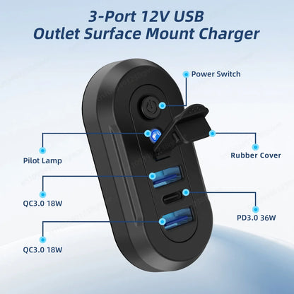 Cargador USB Empotrable 12–24V con 3 Puertos de Carga Rápida