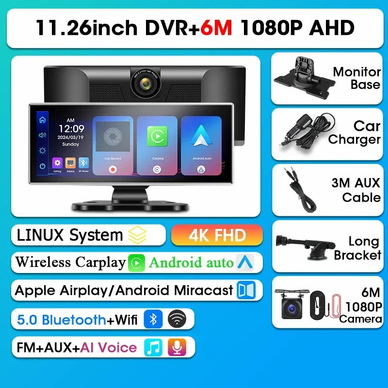 Dashcam 4K con Pantalla 11.26" + CarPlay/Android Auto - Srnubi