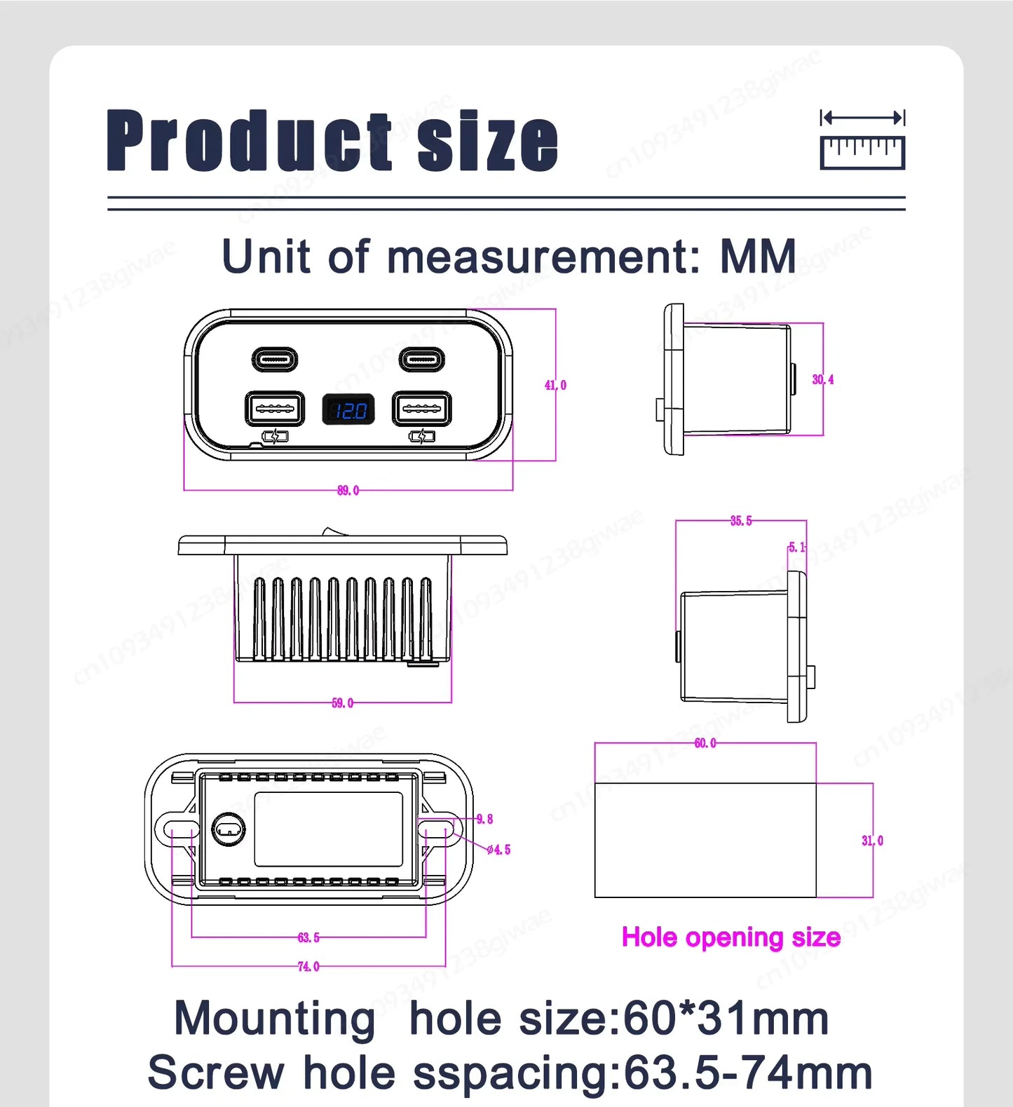 Cargador USB Empotrable 12–24V con Carga Rápida (PD + QC)