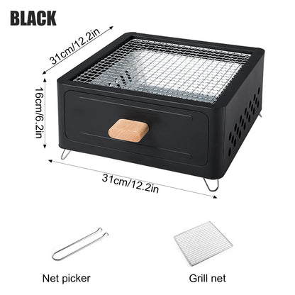 Parrilla Carbón Acero Inox Plegable - Portátil + Rejilla para Camping y Exterior