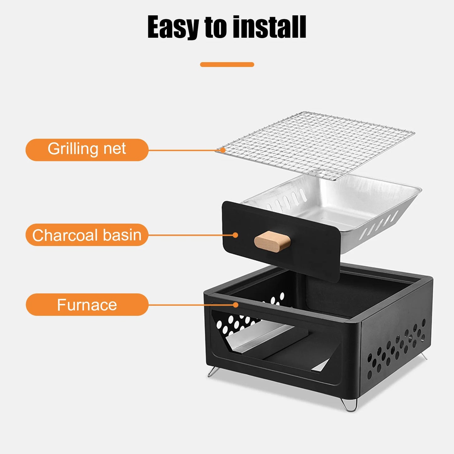 Parrilla Carbón Acero Inox Plegable - Portátil + Rejilla para Camping y Exterior