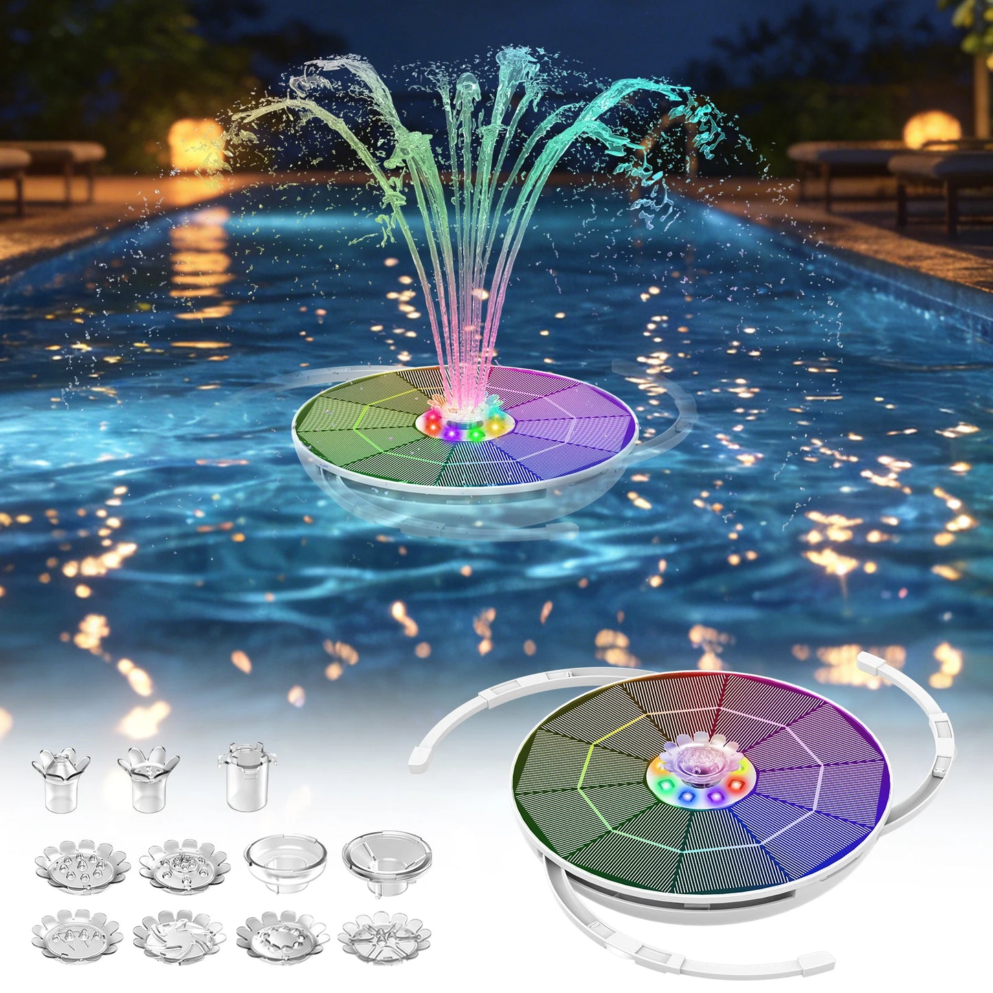 Solar Fountain with LED - 6.5W Pump + 3000mAh Battery + 8 Nozzles (Garden/Pool)