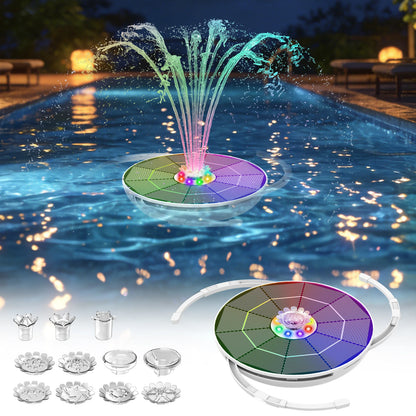 Solar Fountain with LED - 6.5W Pump + 3000mAh Battery + 8 Nozzles (Garden/Pool)
