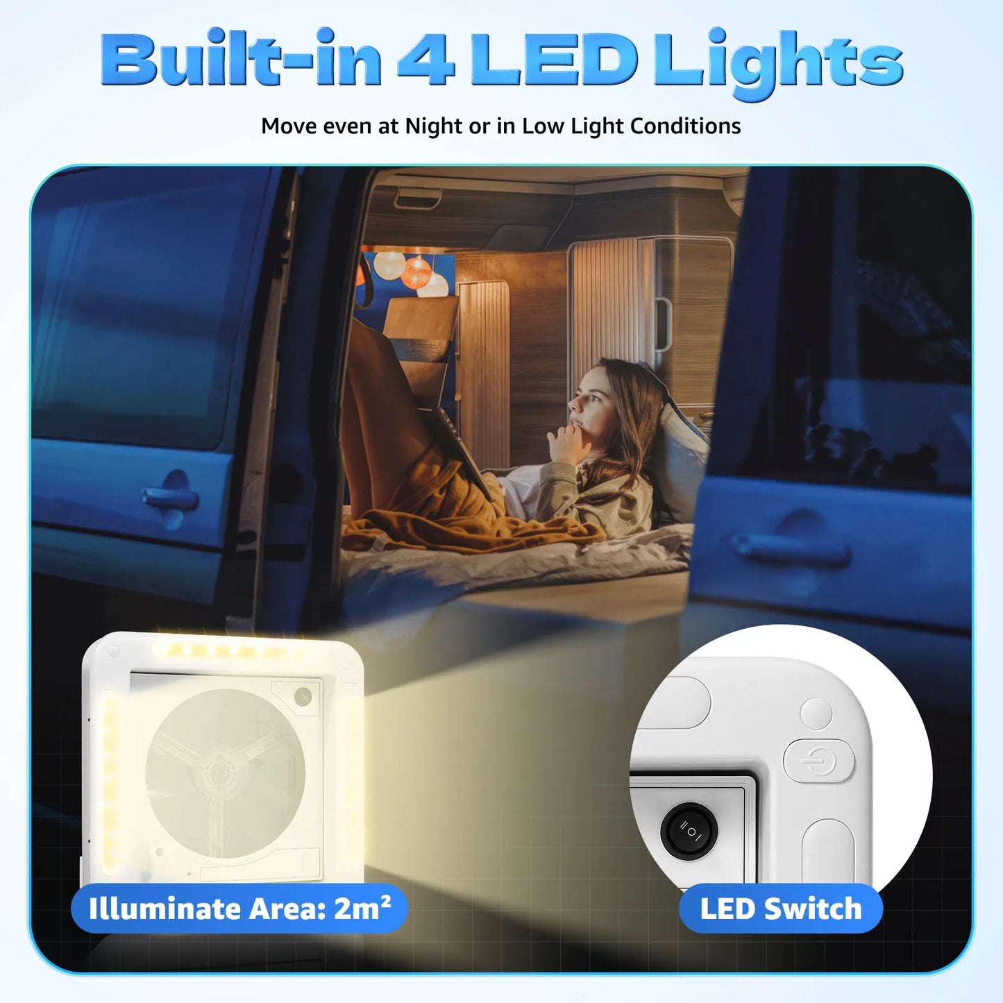 Ventilateur de plafond de camping-car 12V avec LED - 6 vitesses + double flux IP68 (28x28cm)