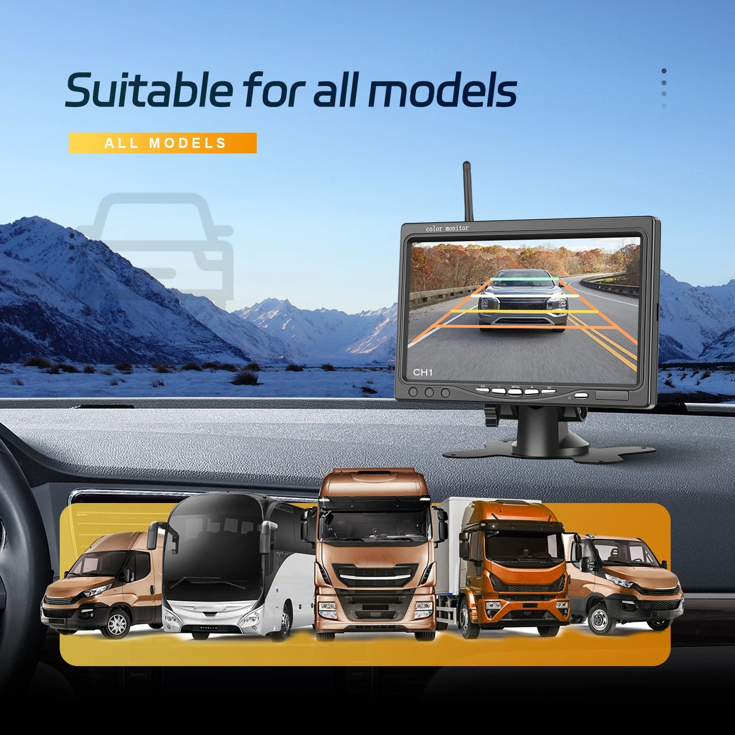 Kit Cámara de Marcha Atrás Inalámbrica 1080P con Monitor IPS HD de 7” – Sistema de Aparcamiento Nocturno para Camper, RV y Camión