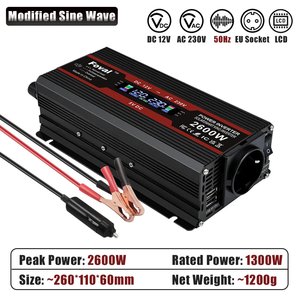 Inversor de Corriente 12V a 220V Onda Modificada con Pantalla LCD | 750W–1300W Continuos para RV, Camper y Vehículos