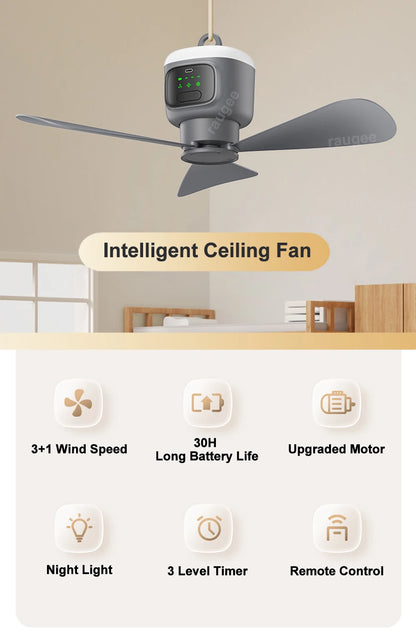 Ventilador Colgante Recargable con Control Remoto | 12000mAh, Aspas 450mm, Luz LED y Temporizador