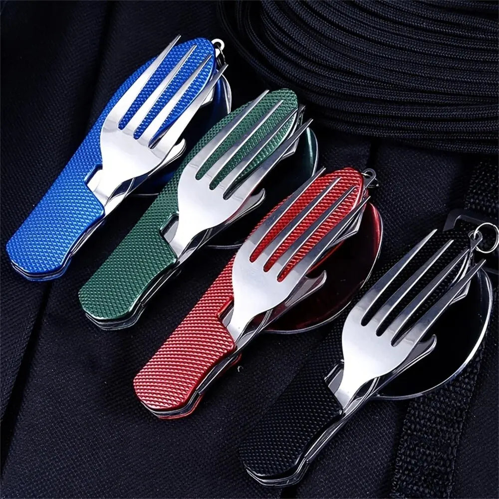 Couverts Pliants en Acier Inoxydable - Set 3-en-1 + Résiste à l'Eau Bouillante (Camping/VR)