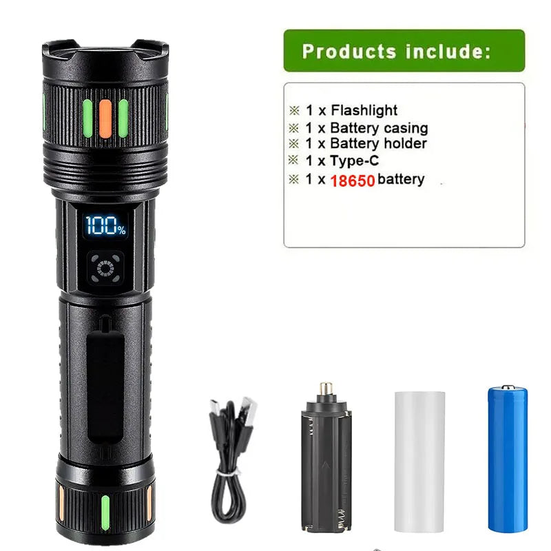 Lampe torche LED rechargeable USB-C - Zoom réglable + Affichage numérique (3 modes) pour le camping