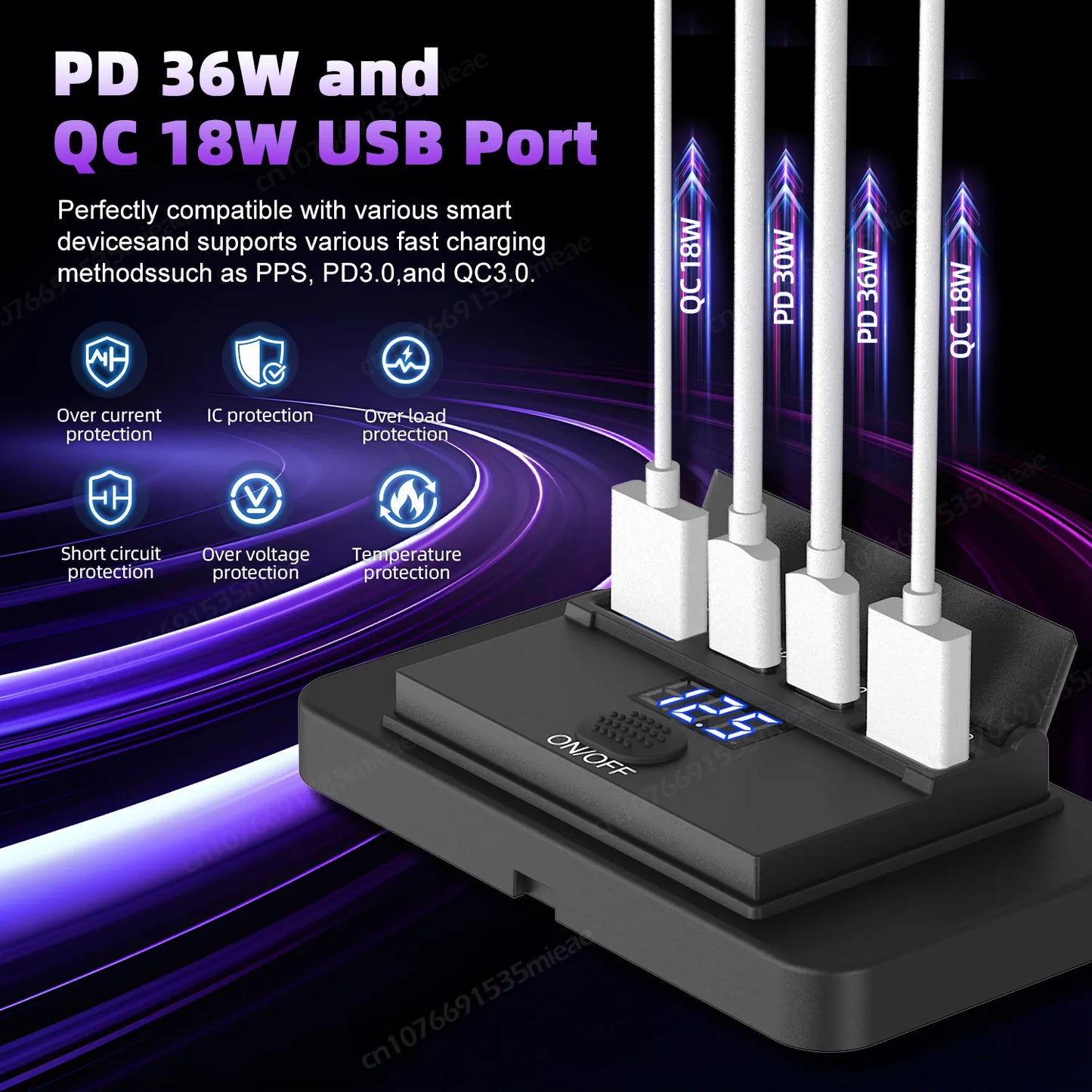Toma USB Cuádruple 12–24V 84W con Interruptor y Voltímetro