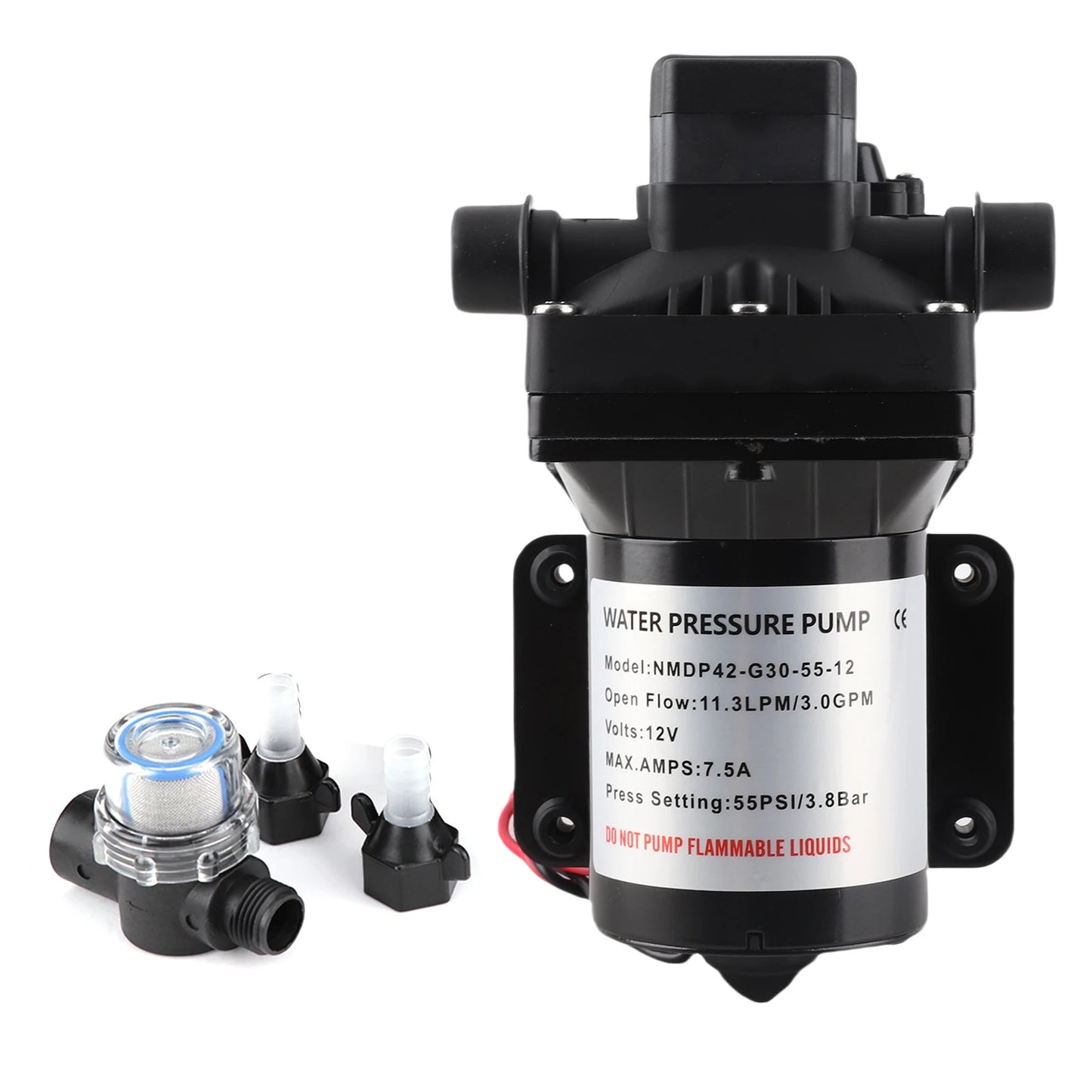 12V Self-Priming Water Pump 55 PSI – 3 GPM for Camper, Caravan, and Motorhome