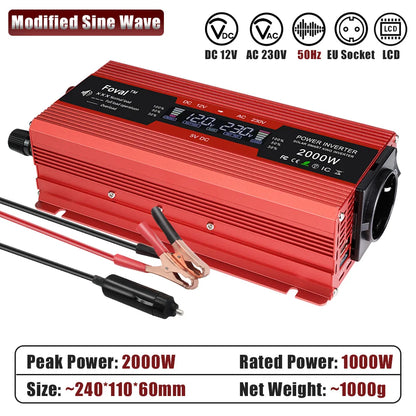 Inversor de Corriente 12V a 220V Onda Modificada con Pantalla LCD | 750W–1300W Continuos para RV, Camper y Vehículos